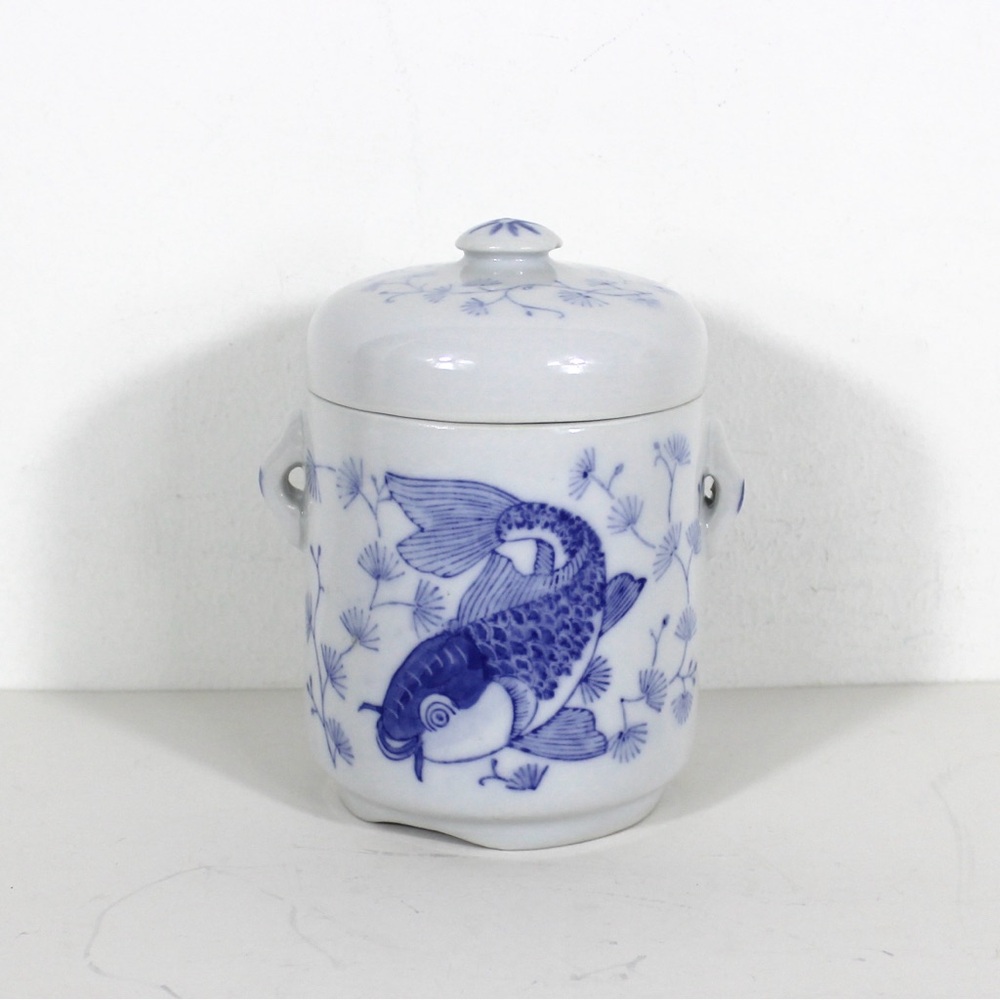 Small Vintage Asian Koi Fish Canister Lidded Jar or Pot, Ceramic with Lid Blue